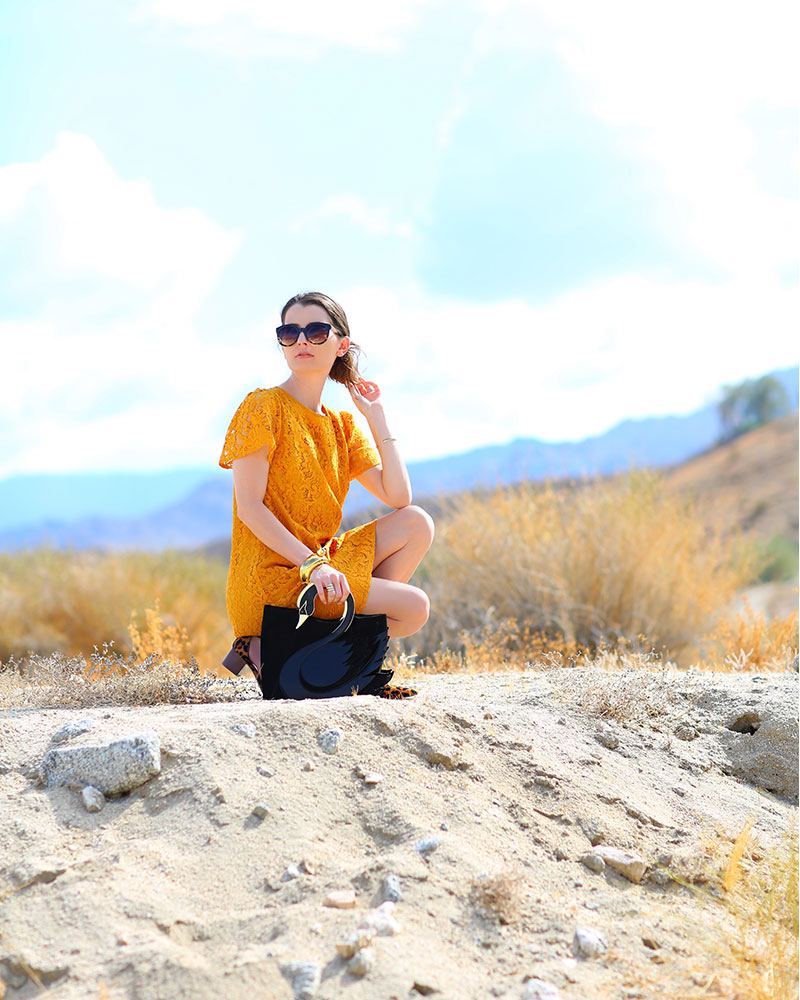 New Fall Color Trends: Colorful Fashion Blogger Kelly Golightly wears Marigold/Ochre Dress + Leopard Shoes in Palm Springs.