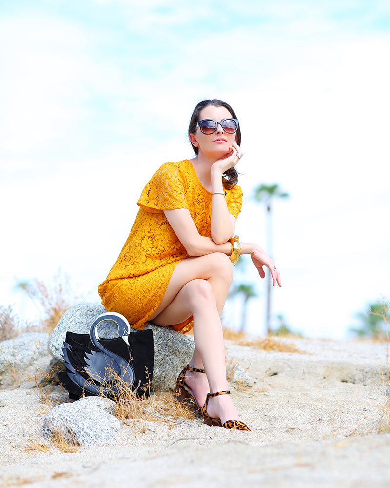 Summer to Fall Transitional Dressing: Colorful Fashion Blogger Kelly Golightly wears Marigold Dress + Leopard Shoes + Swan Handbag in Palm Springs.