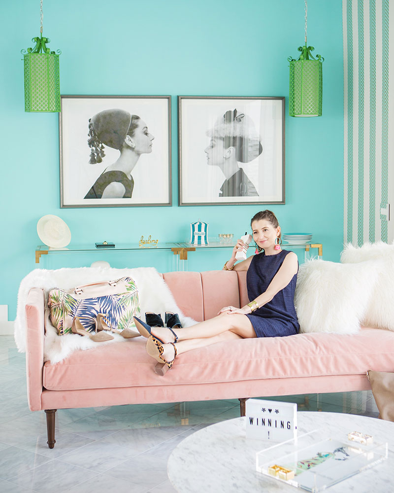 Cute pink couch in Kelly Golightly's home in Palm Springs!