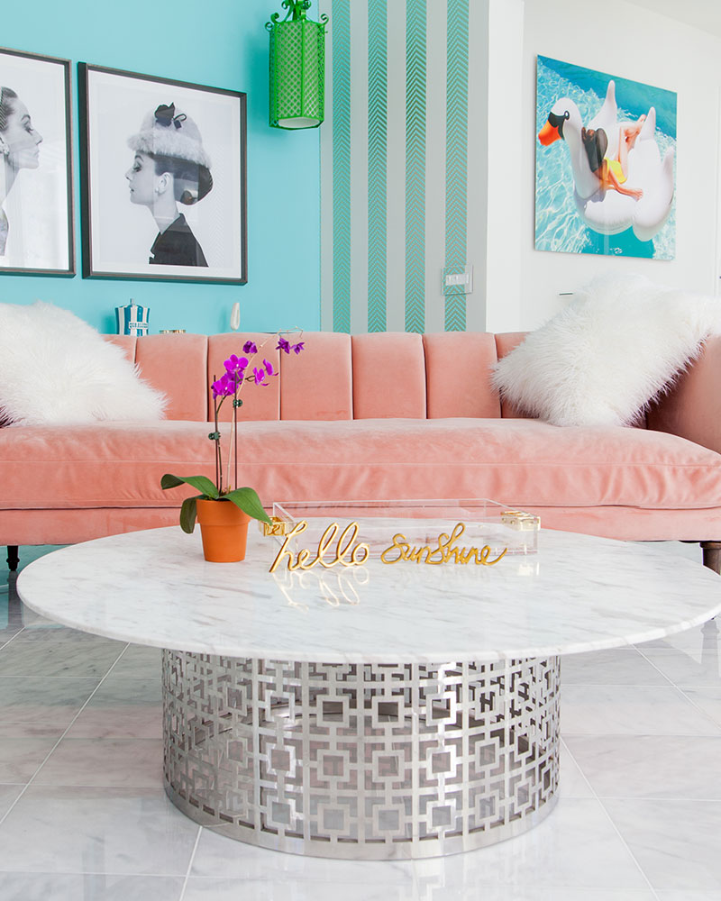 Love this pink couch from Joybird in the Palm Springs home of Kelly Golightly!