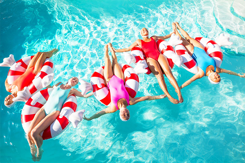 Aqualillies on Peppermint Pool Floats by Fred Moser in Palm Springs with Kelly Golightly