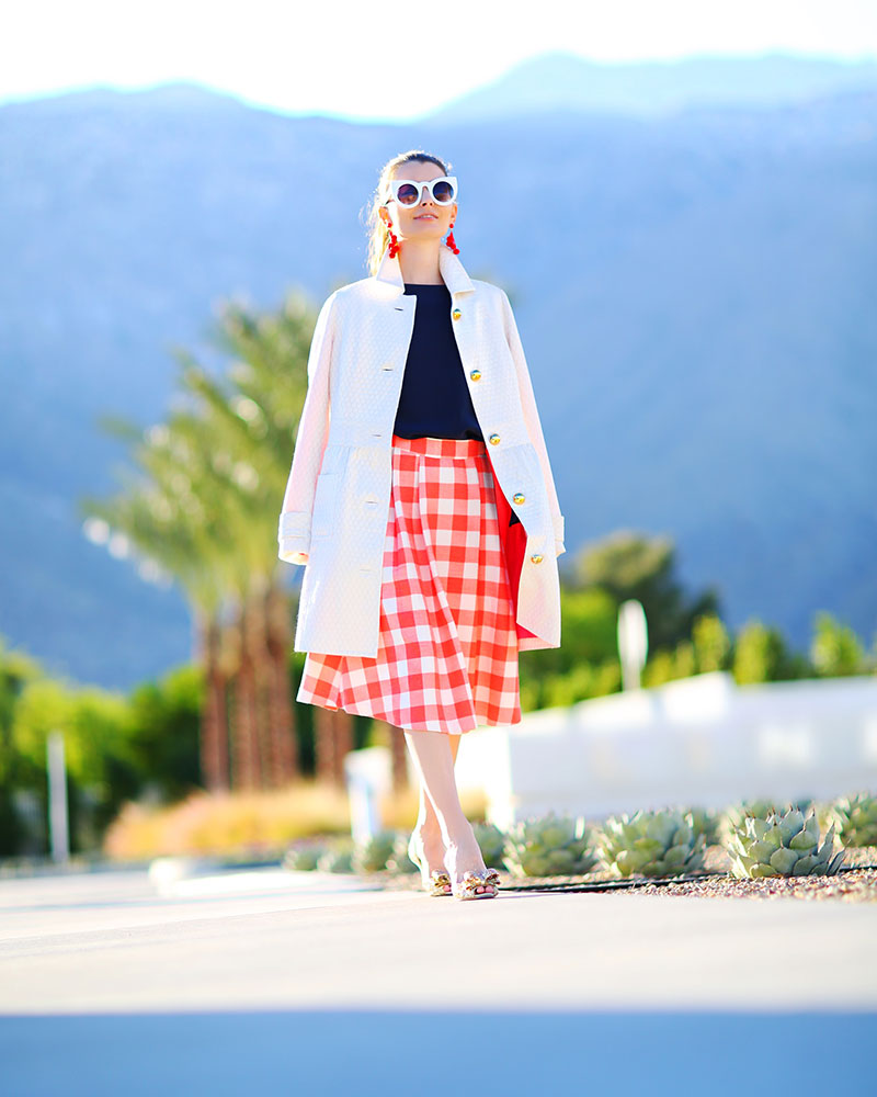 Love this red and white gingham skirt on fashion blogger Kelly Golightly in Palm Springs!