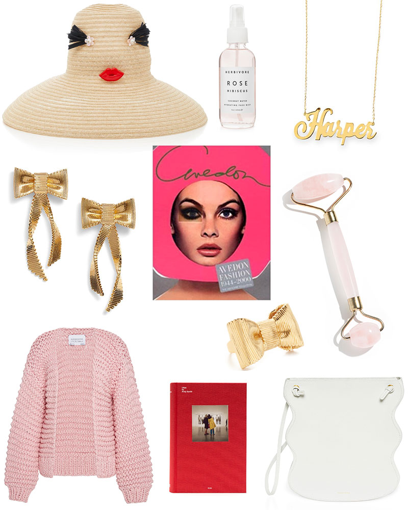 Kelly Golightly: My Christmas List including a rose quartz facial roller, custom nameplate necklace, scalloped handbag, a statement sunhat, and kate spade bow earrings and ring.