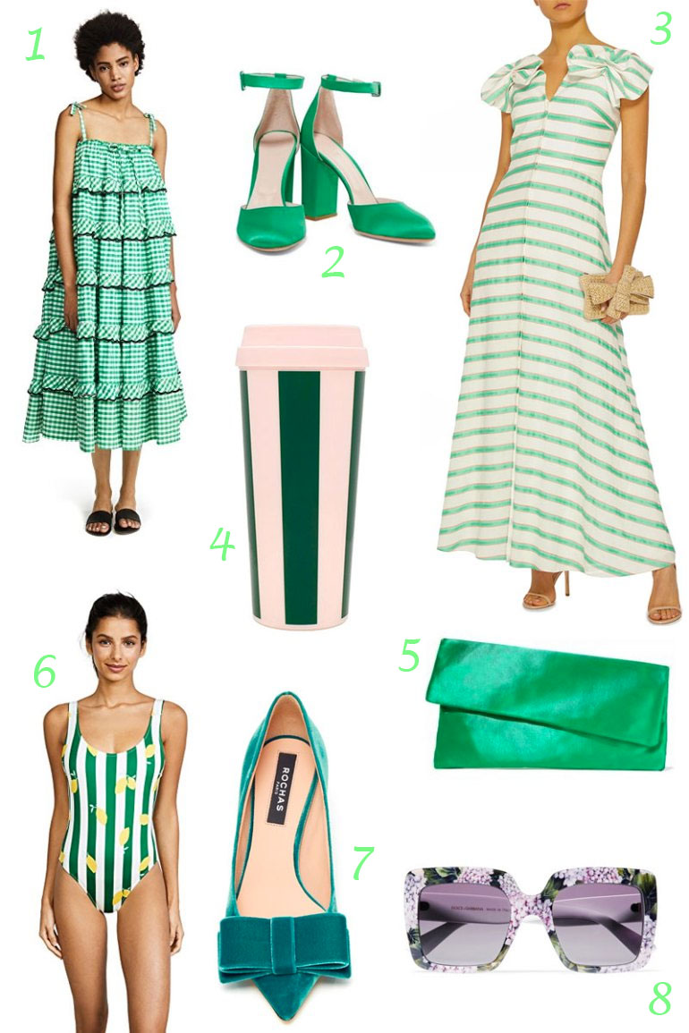 GREEN DAY: 12 Stylish Green Finds including a green gingham dress, green clucth, Solid & Striped green striped bathing suit with lemon print, green Prada sunglasses and more!