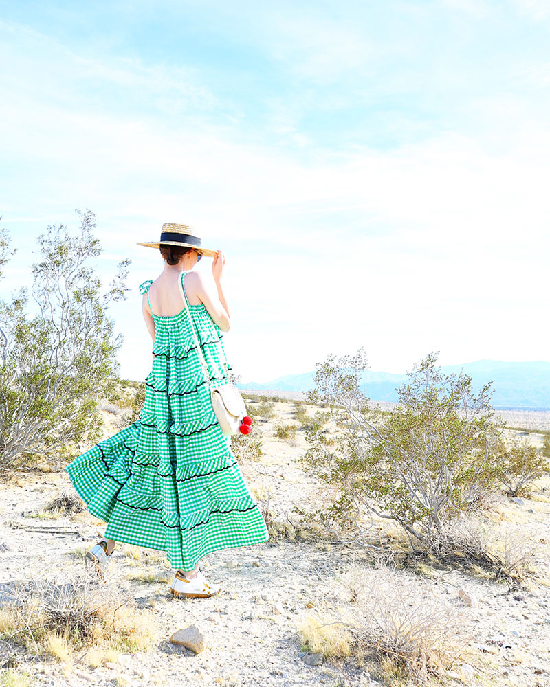 How To Style a Gingham Dress: Fashion blogger Kelly Golightly shows fun ways to style a gingham dress by Innika Choo in Palm Springs, California.