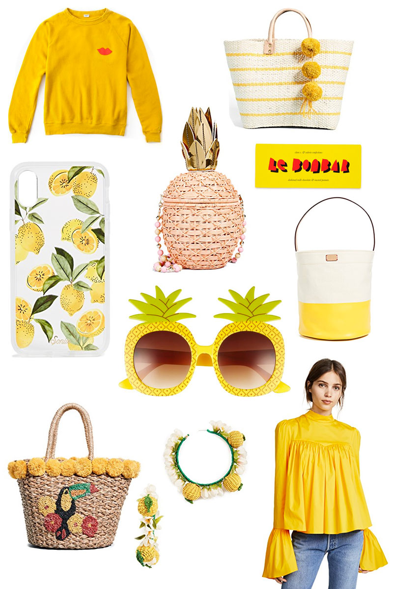 HELLO SUNSHINE: A roundup of stylish yellow fashion and accessories, including pineapple sunglasses, a pineapple handbag, a lemon phone case and Clare. V yellow sweatshirt and more.