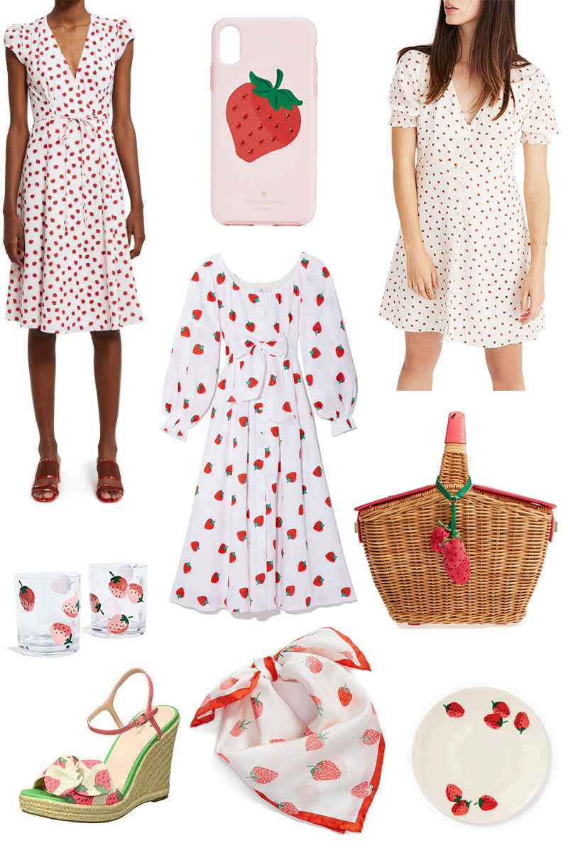 Strawberry Fields Forever: Strawberry print dresses, strawberry basket bag, strawberry glasses, strawberry wedges, strawberry shoes, strawberry plates, strawberry handkerchief scarf, strawberry iphone case and more strawberry accessories.