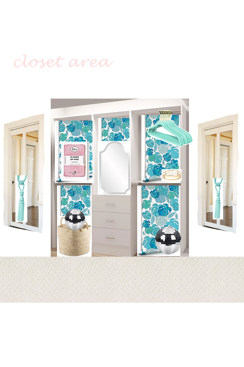 collage of closet area design elements for One Room Challenge