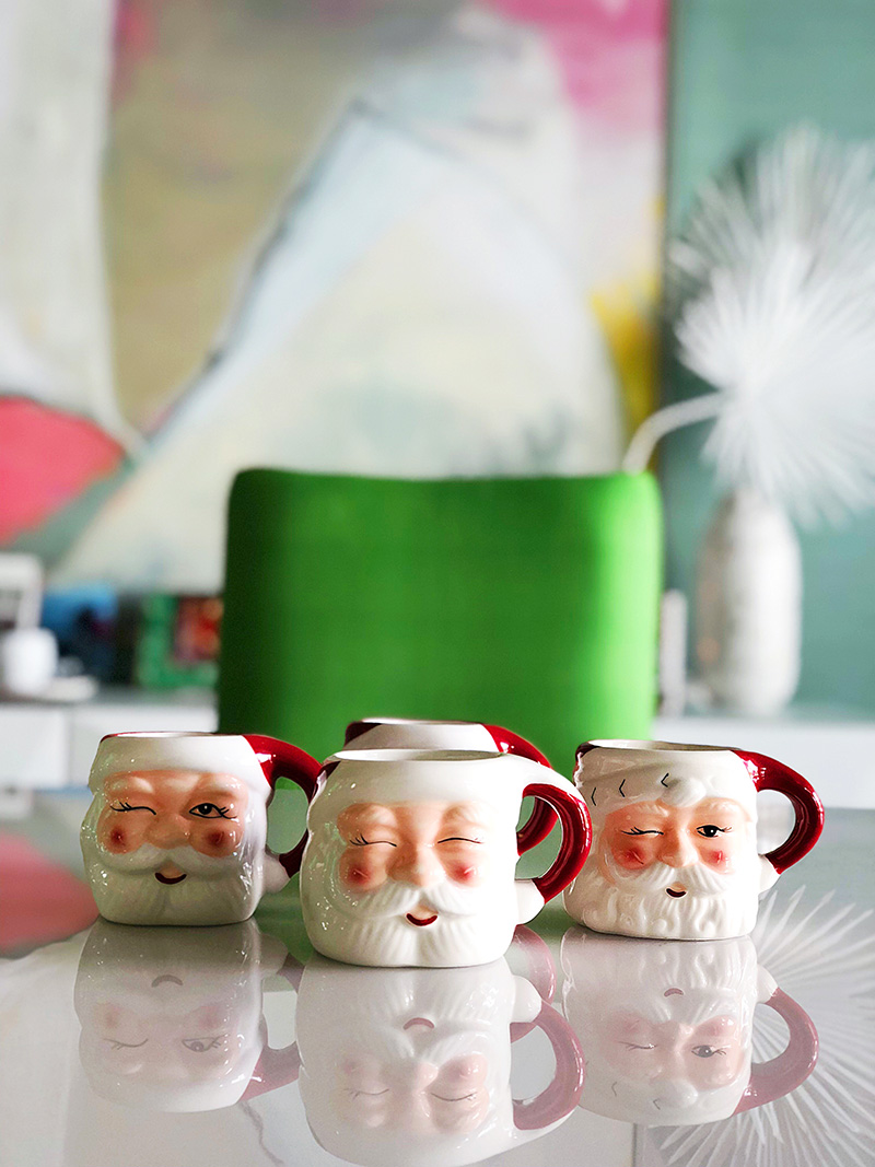 three mugs with santa clause's face for Christmas Decor in Palm Springs