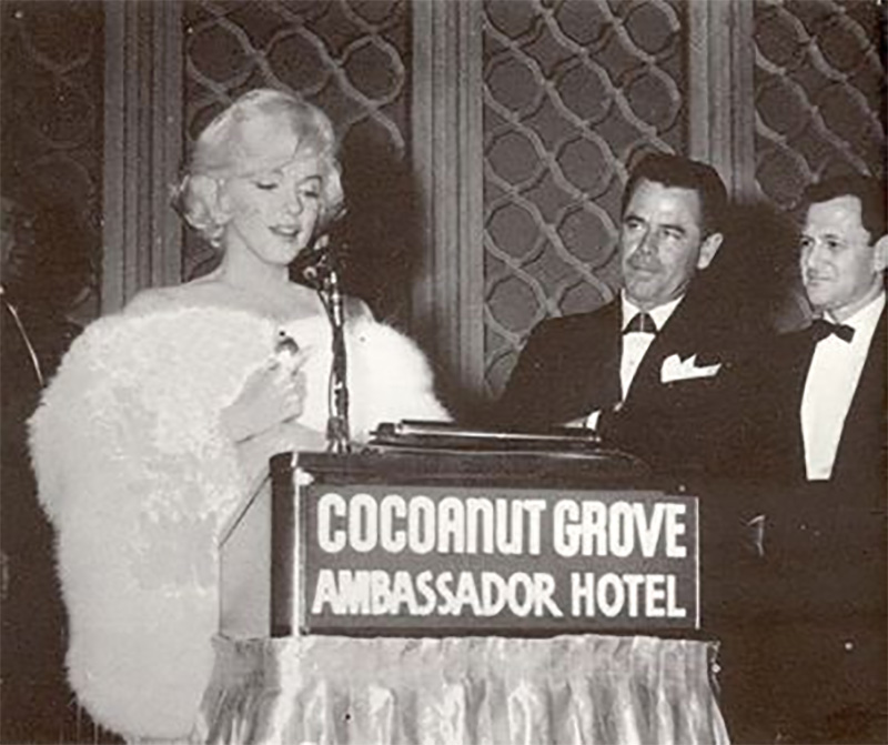 Marilyn Monroe gives her GOLDEN GLOBE acceptance speech for Best Actress in "Some Like It Hot" at the Ambassador Hotel's Cocoanut Grove. 