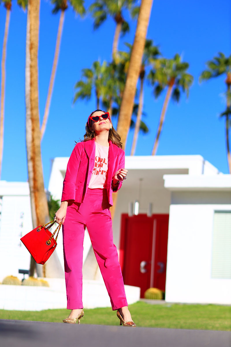 How To Style a Hot Pink Velvet Pant Suit - Kelly Golightly