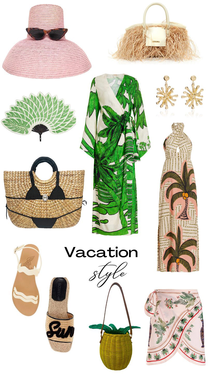 A collage of What to Wear on Vacation including Johanna Ortiz palm leaf dress on sale, a MME Mink bikini tote, banana leaf fan and more.