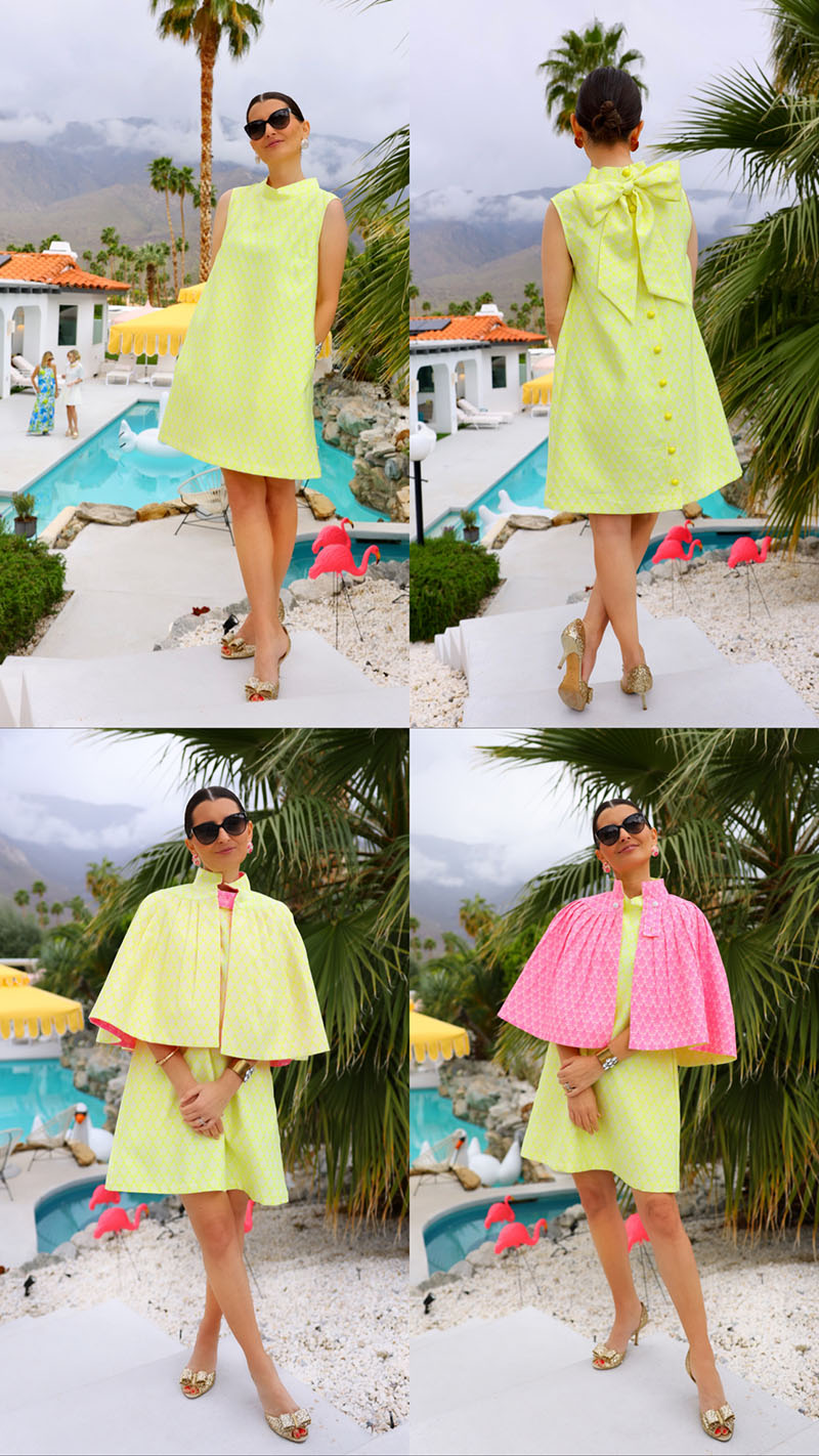 A sneak peek at the BURU x Kelly Golightly Collection. Kelly wears a classic, mod yellow A-line dress paired with a reversible spring cape that is yellow on one side and bright pink on the other.