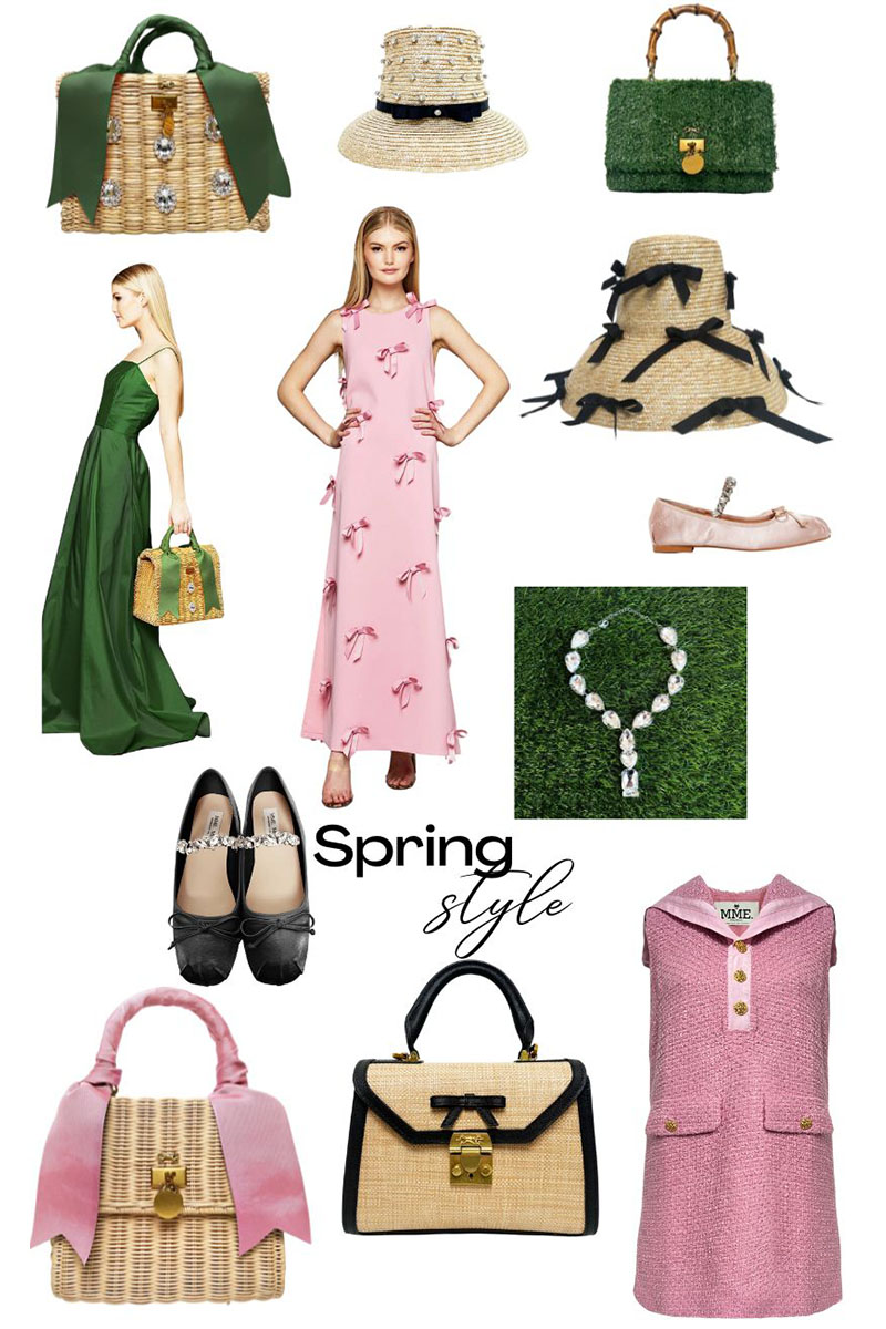 My Spring Dream Wishlist by Kelly Golightly, including faux grass handbags and ladylike dresses by MME Mink.