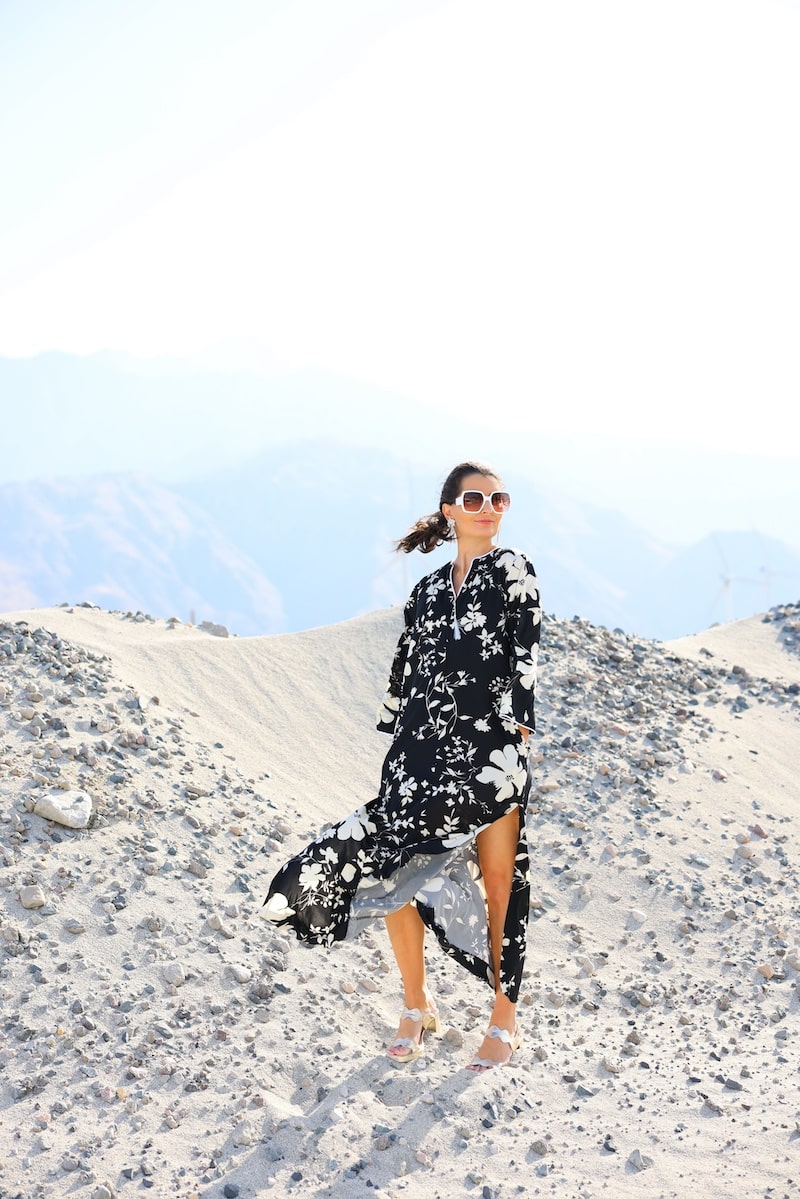 Flowy, pajama-soft Holly caftan styled for poolside brunch and soirées.