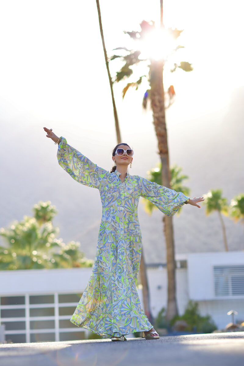 Vintage-inspired pink caftan from the Kelly Golightly Collection, designed in Palm Springs
